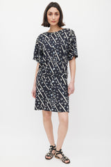 Balenciaga Navy & Cream Lettered Belted Dress