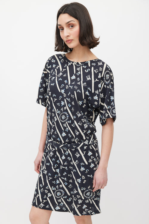 Balenciaga Navy & Cream Lettered Belted Dress