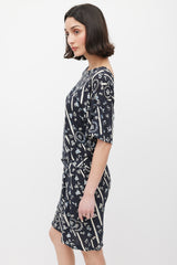 Balenciaga Navy & Cream Lettered Belted Dress