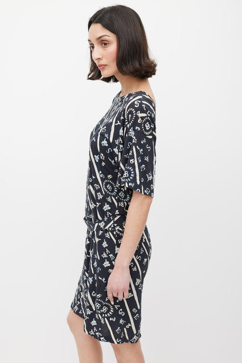 Balenciaga Navy & Cream Lettered Belted Dress
