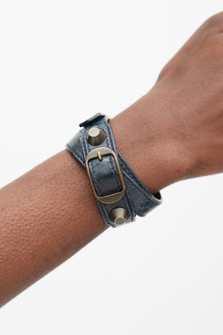 Balenciaga Navy & Gunmetal Moto Leather Wrap Bracelet