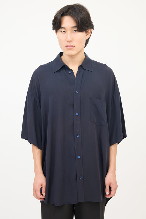 Balenciaga Navy Lyocell Label Collar Short Sleeve Shirt