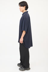 Balenciaga Navy Lyocell Label Collar Short Sleeve Shirt
