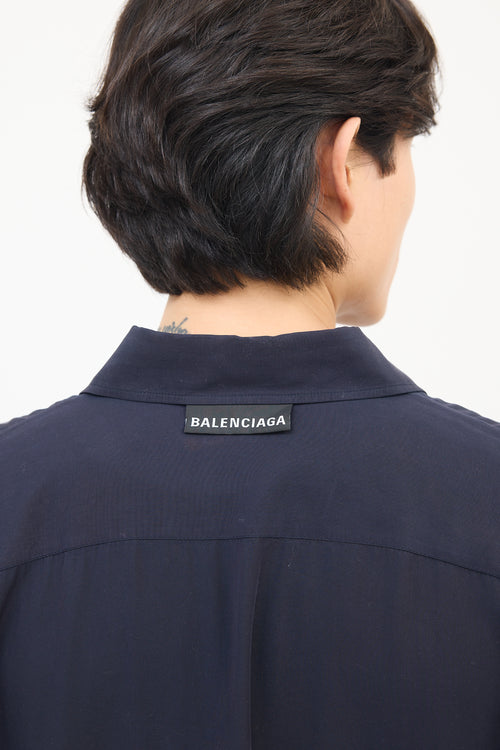 Balenciaga Navy Lyocell Label Collar Short Sleeve Shirt