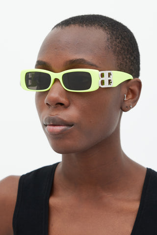 Balenciaga Neon Green & Silver BB0096S Rectangular Sunglasses
