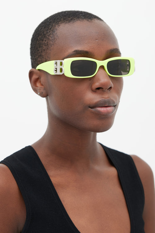 Balenciaga Neon Green & Silver BB0096S Rectangular Sunglasses
