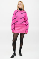 Balenciaga Pink & Black Knit Wool Allover Logo Sweater