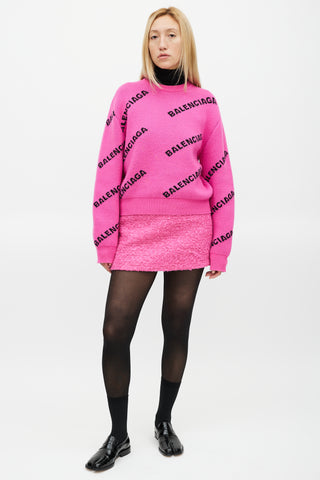 Balenciaga Pink & Black Knit Wool Allover Logo Sweater