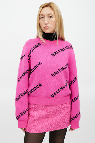 Balenciaga Pink & Black Knit Wool Allover Logo Sweater