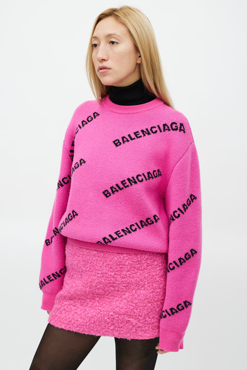 Balenciaga Pink & Black Knit Wool Allover Logo Sweater