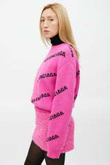 Balenciaga Pink & Black Knit Wool Allover Logo Sweater