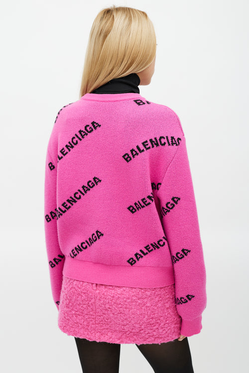 Balenciaga Pink & Black Knit Wool Allover Logo Sweater