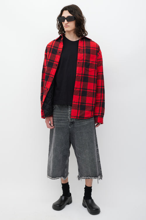 Balenciaga Red & Black Asymmetrical Padded Plaid Jacket