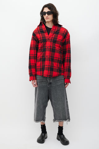 Balenciaga Red & Black Asymmetrical Padded Plaid Jacket