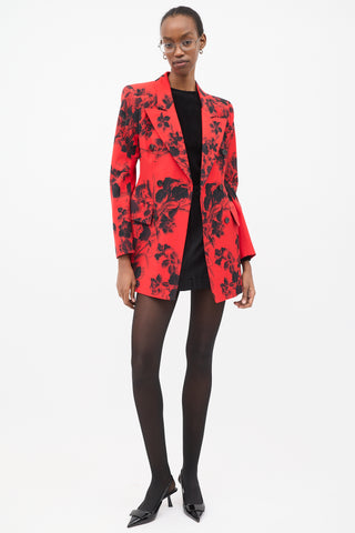 Balenciaga Red & Black Wool Floral Hourglass Blazer