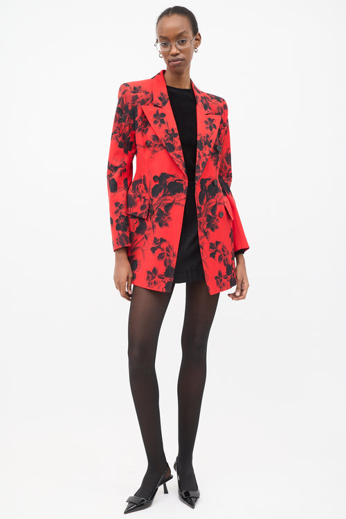 Balenciaga Red & Black Wool Floral Hourglass Blazer