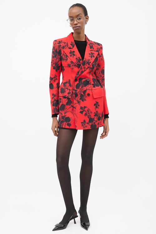 Balenciaga Red & Black Wool Floral Hourglass Blazer