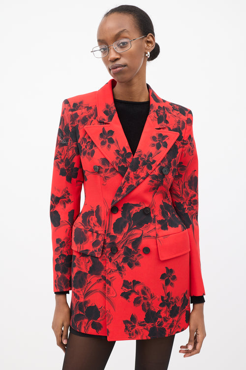 Balenciaga Red & Black Wool Floral Hourglass Blazer