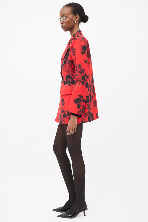 Balenciaga Red & Black Wool Floral Hourglass Blazer