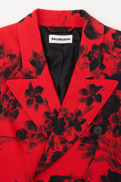 Balenciaga Red & Black Wool Floral Hourglass Blazer