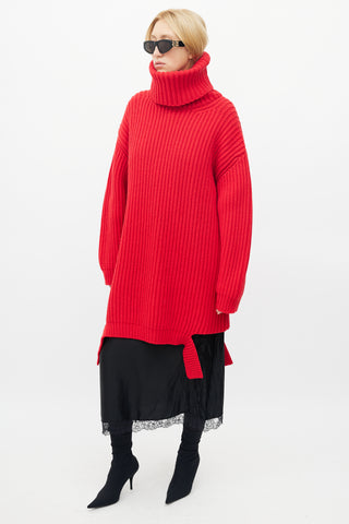 Balenciaga Red Ribbed Knit Sweater Dress