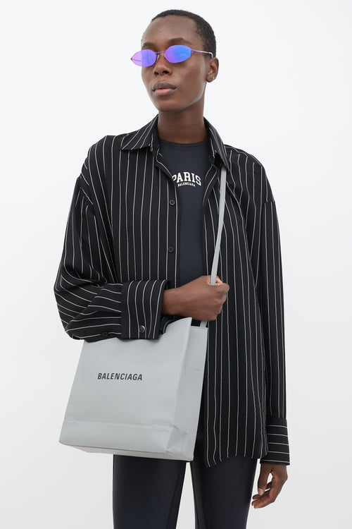 Balenciaga SS 2019 Grey Leather Small Logo Shopping Tote Bag