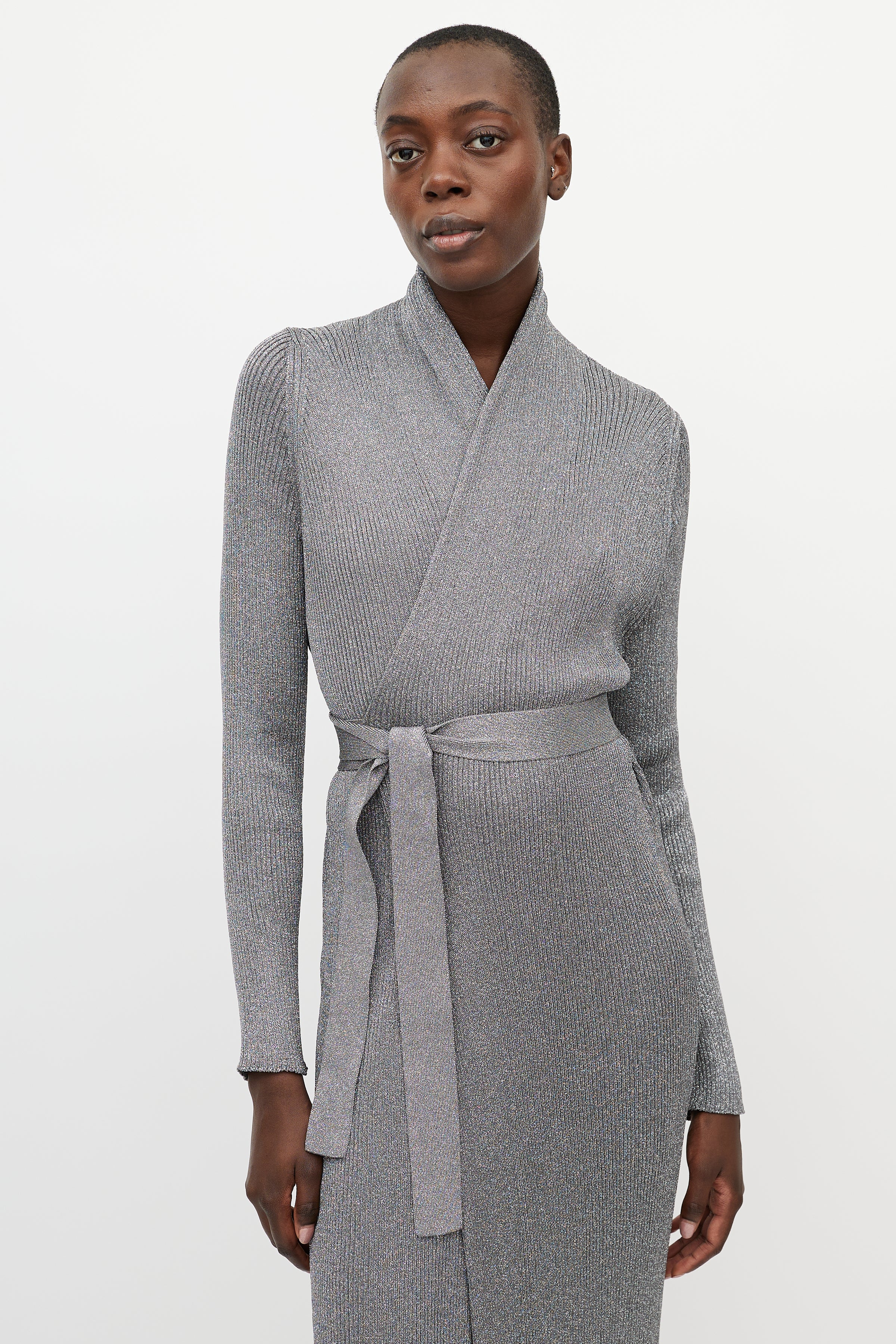 Balenciaga // Metallic Silver Ribbed Knit Wrap Dress VSP Consignment Balenciaga // Metallic Silver Ribbed Knit Wrap Dress VSP Consignment