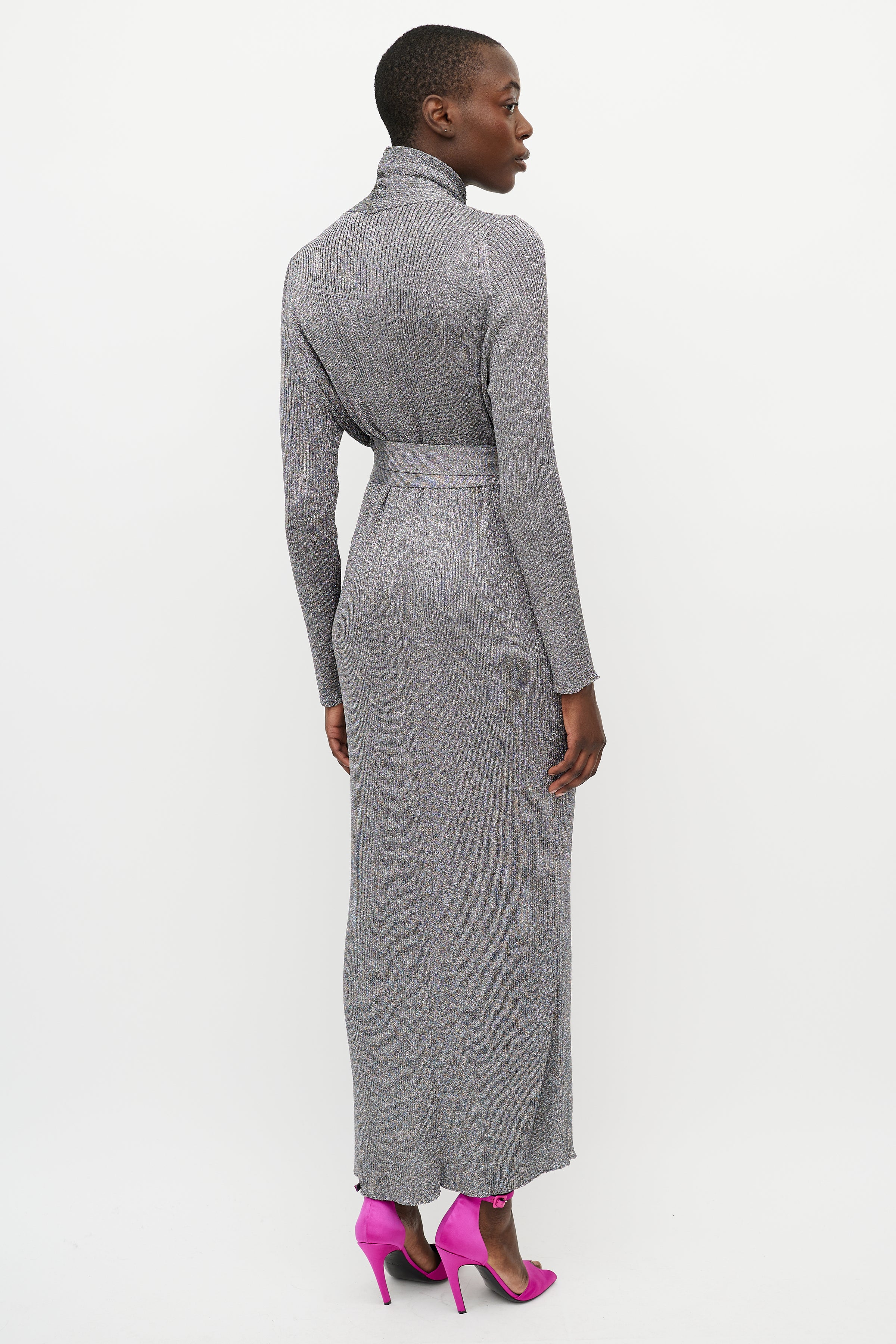 Balenciaga // Metallic Silver Ribbed Knit Wrap Dress VSP Consignment Balenciaga // Metallic Silver Ribbed Knit Wrap Dress VSP Consignment