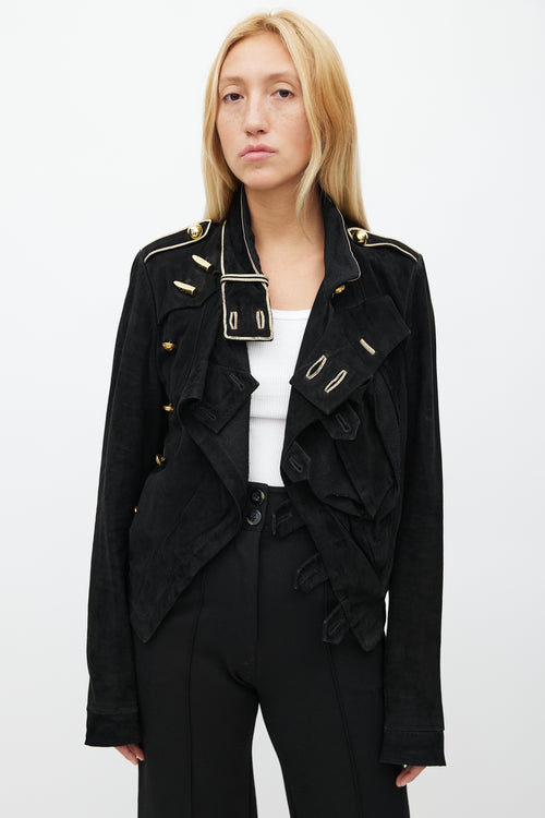 Balenciaga Spring 2005 Black & Gold Suede Asymmetrical Military Jacket