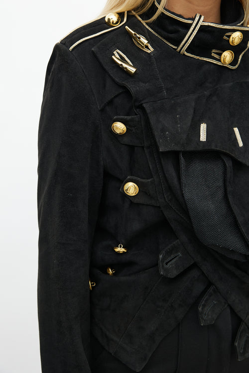 Balenciaga Spring 2005 Black & Gold Suede Asymmetrical Military Jacket