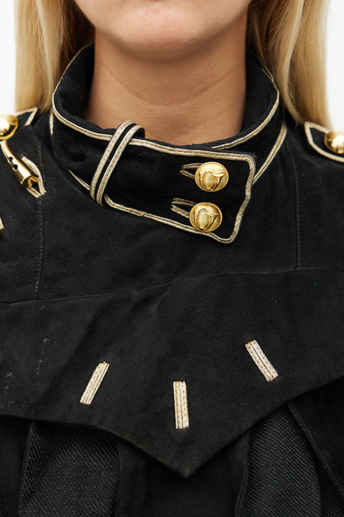 Balenciaga Spring 2005 Black & Gold Suede Asymmetrical Military Jacket