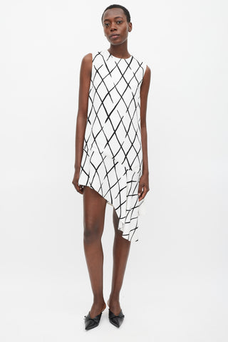 Balenciaga White & Black Argyle Printed Asymmetric Dress