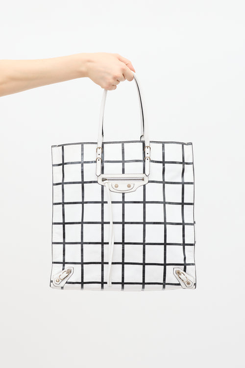 Balenciaga White & Black Leather Papier Ledger Tote