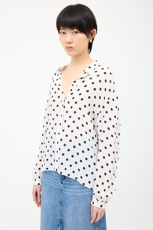 Balenciaga White & Navy Silk Polka Dot Shirt