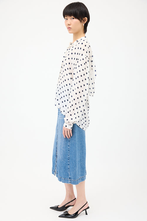 Balenciaga White & Navy Silk Polka Dot Shirt