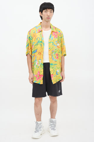 Balenciaga Yellow & Multicolour Crinkled Satin Floral Shirt