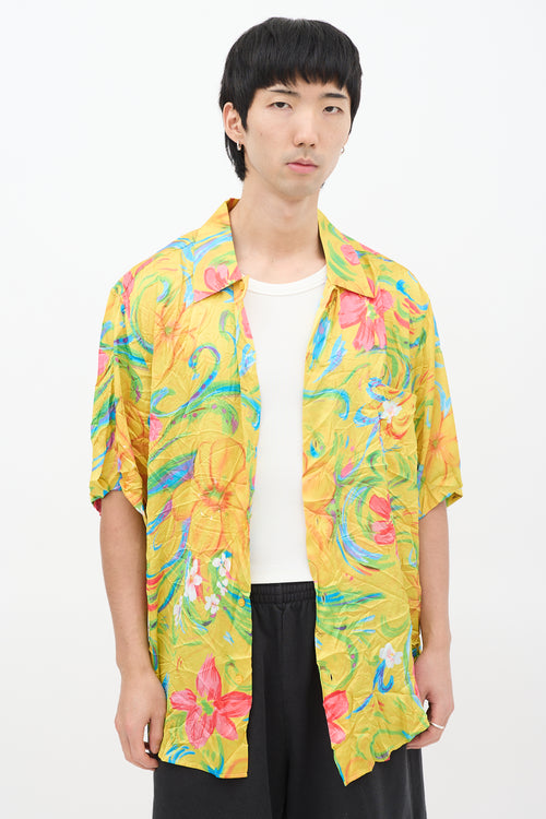 Balenciaga Yellow & Multicolour Crinkled Satin Floral Shirt