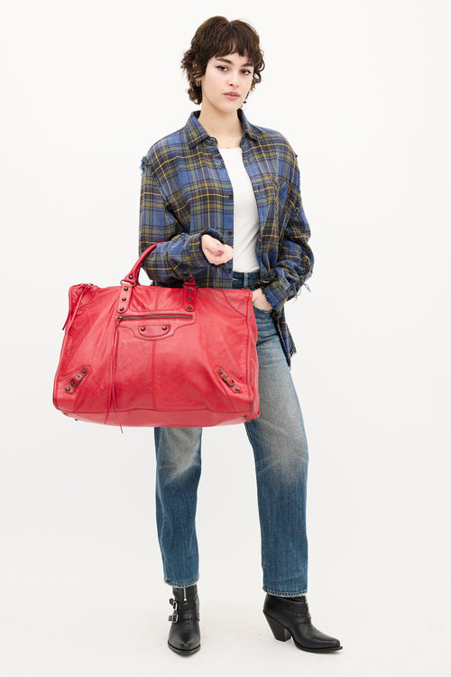 Balenciaga Red Leather Motocross City Weekender Bag