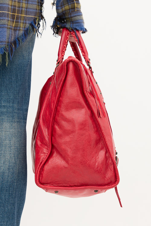 Balenciaga Red Leather Motocross City Weekender Bag