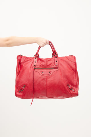 Balenciaga Red Leather Motocross City Weekender Bag