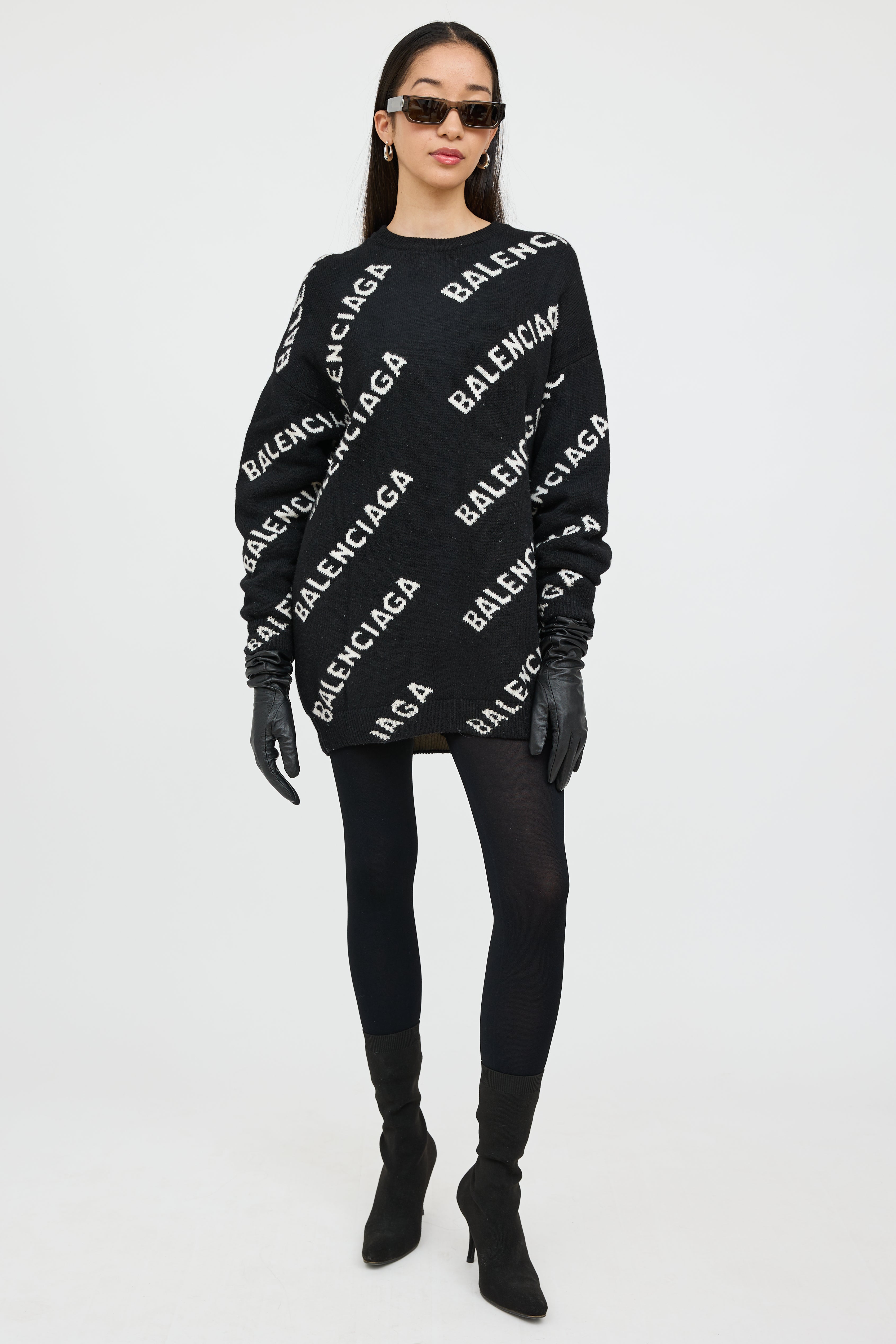 balenciaga sweater dress Balenciaga // Black & White Wool Knit Logo Sweater – VSP Consignment