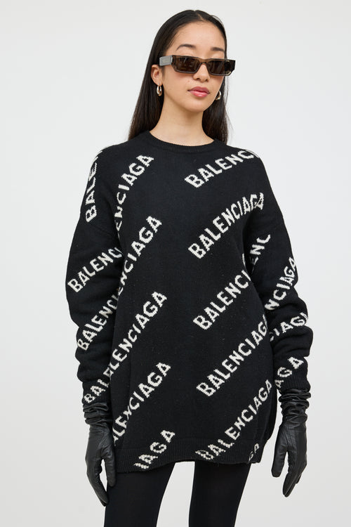 Balenciaga Black & White Wool Knit Logo Sweater