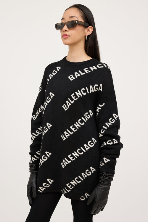 Balenciaga Black & White Wool Knit Logo Sweater