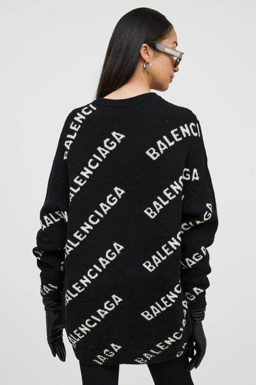 Balenciaga Black & White Wool Knit Logo Sweater