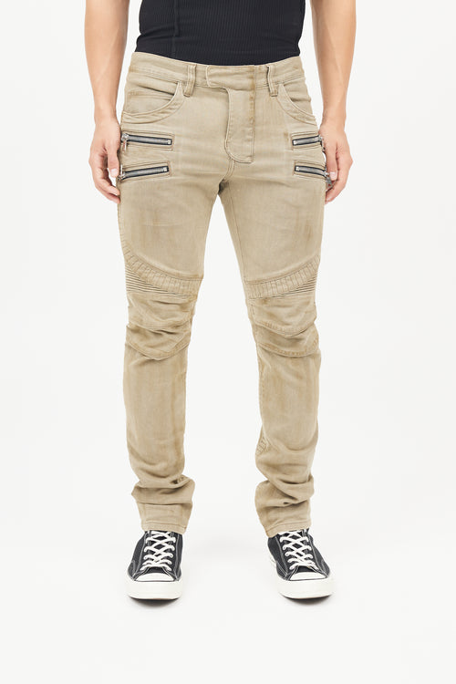 Balmain Beige Cotton Exposed Zip Jeans