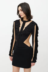 Balmain Black & Beige Mesh Ruffled Bodysuit