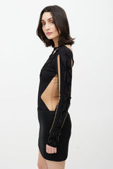 Balmain Black & Beige Mesh Ruffled Bodysuit