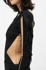 Balmain Black & Beige Mesh Ruffled Bodysuit