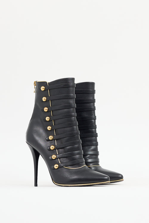 Balmain Black & Gold Leather Alienor Stiletto Boot