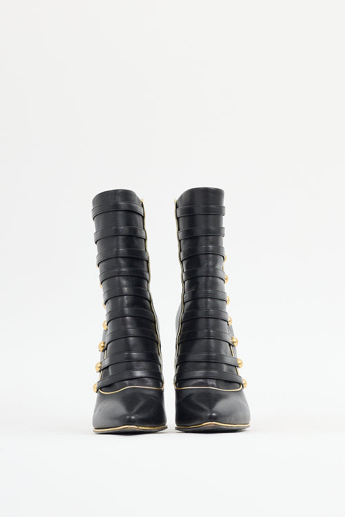 Balmain Black & Gold Leather Alienor Stiletto Boot